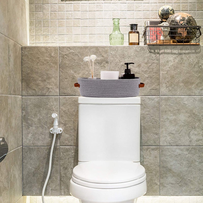 Oradrem Cotton Rope Small Woven Toilet Paper Room Storage Basket with Handles for Bathroom  13""x5.9""x4"" Gary - Image 3